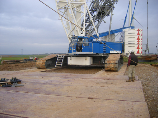 Blue and white construction vehicle